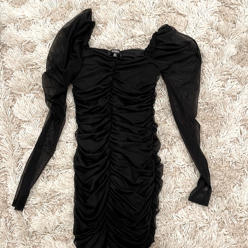 Missguided Black Mesh Ruched Long Sleeve Mini Dress Size 2 - XS